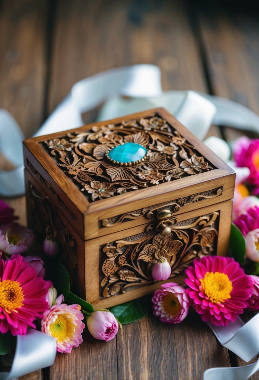 A handcrafted wooden box adorned with intricate carvings and delicate details, nestled among vibrant flowers and elegant ribbons