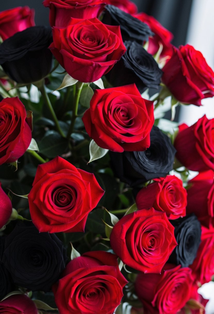 Vibrant red roses with striking black accents arranged for a glamorous black and red wedding theme