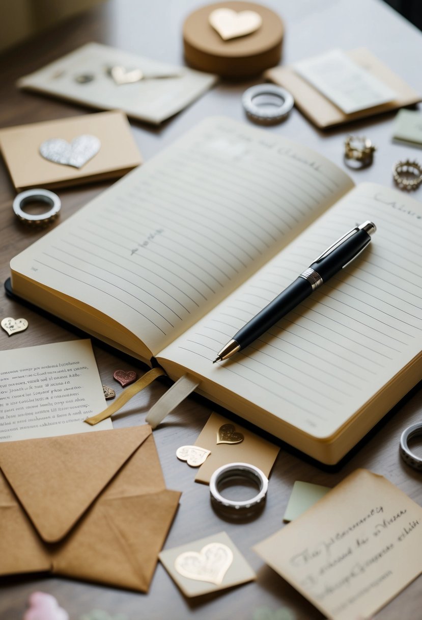 An open journal with a pen resting on top, surrounded by scattered love letters and wedding mementos