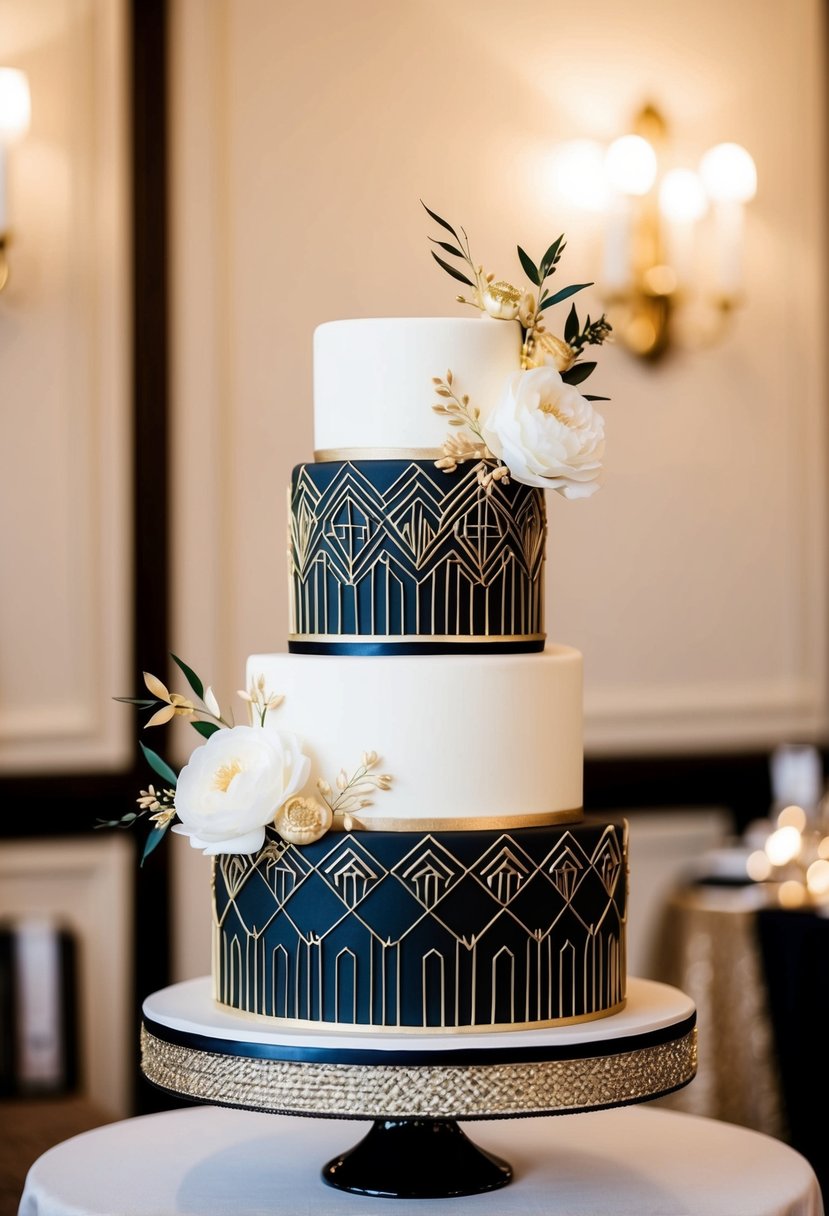 A two-tiered wedding cake with Art Deco motifs and geometric patterns in gold and black, adorned with elegant floral accents