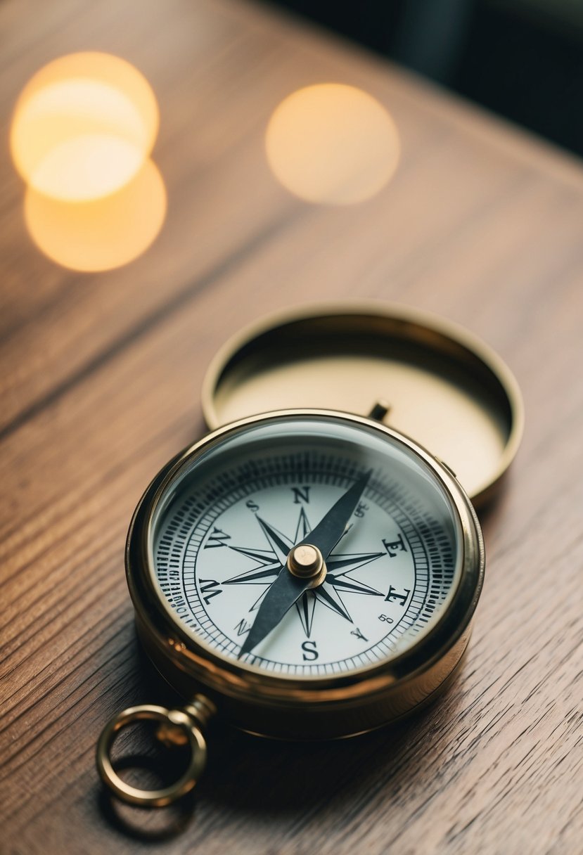 A compass with engraved initials rests on a wooden table with soft natural lighting