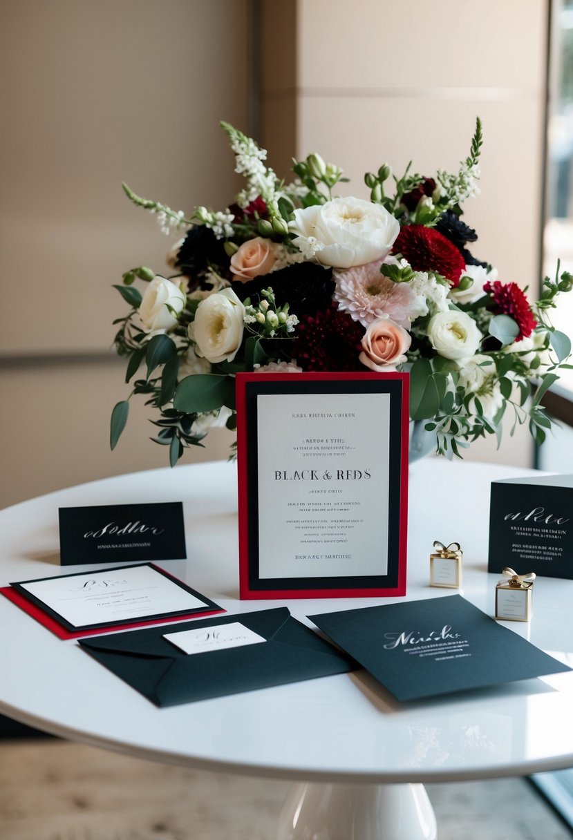 A black and red wedding invitation suite displayed on a sleek, modern table with coordinating floral arrangements and elegant stationery accessories