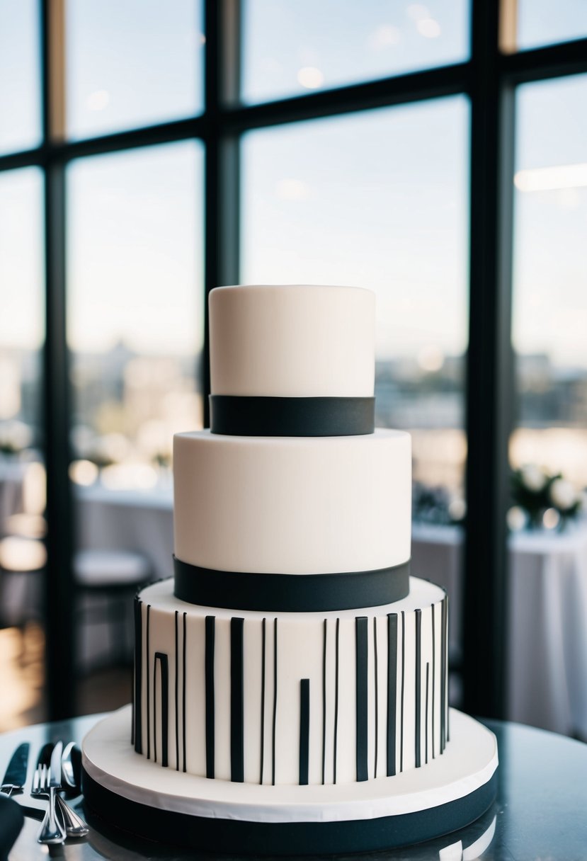 A sleek two-tier wedding cake with modern black and white design, featuring geometric patterns and minimalist accents