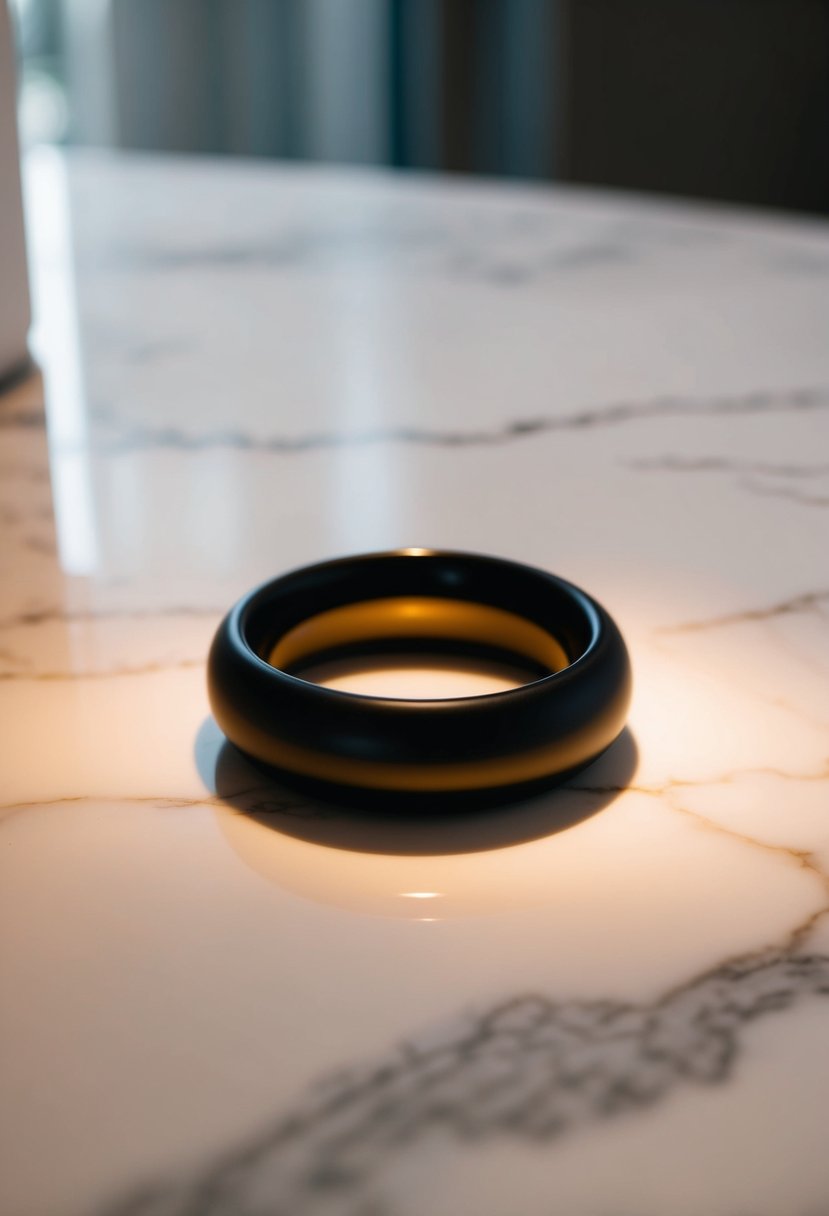 A sleek, minimalist ring dish sits on a marble countertop, with soft lighting casting a warm glow on its polished surface