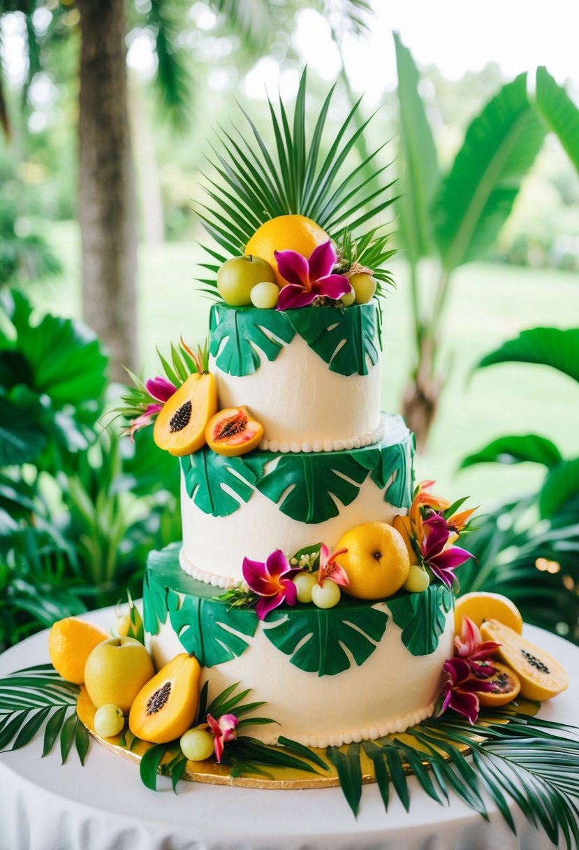 A two-tiered tropical themed wedding cake adorned with edible fruits, surrounded by lush green foliage and vibrant flowers