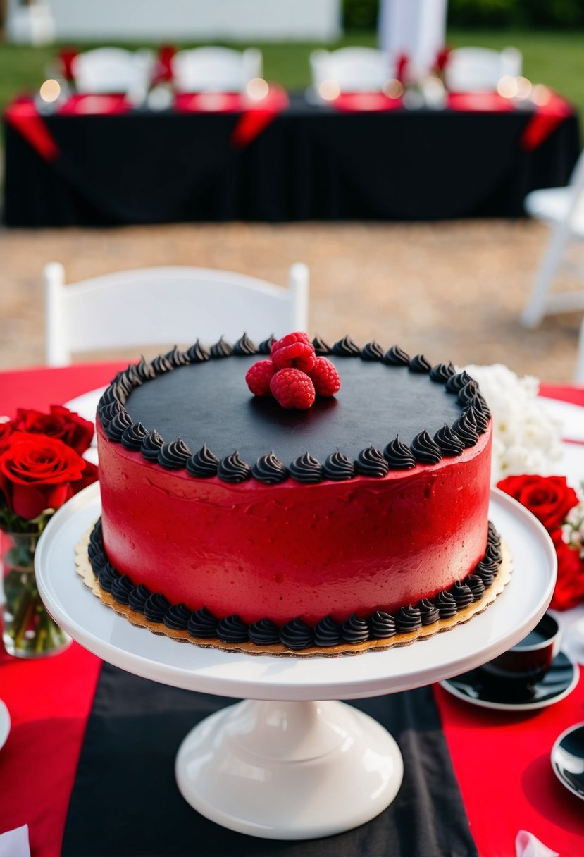 A red velvet cake topped with black fondant, set on a table with black and red wedding decor