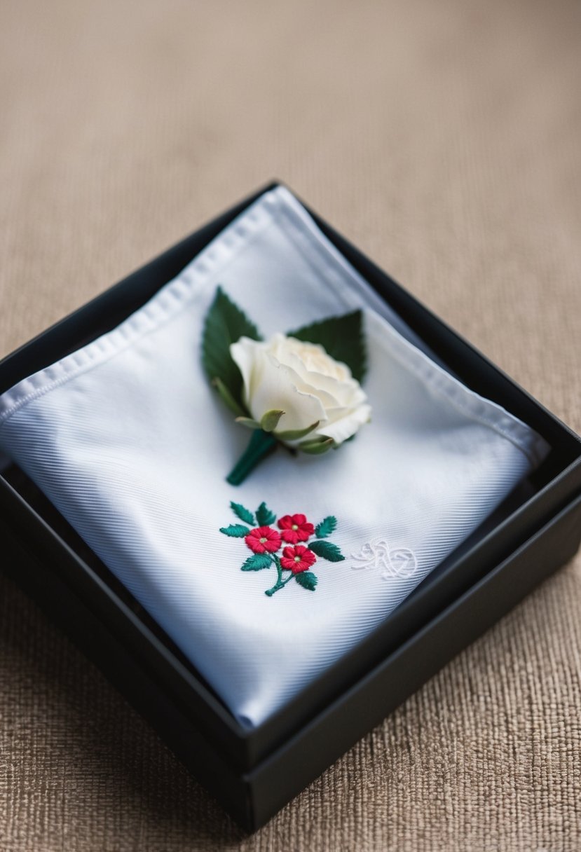 A groom's handkerchief with personalized embroidery and elegant packaging