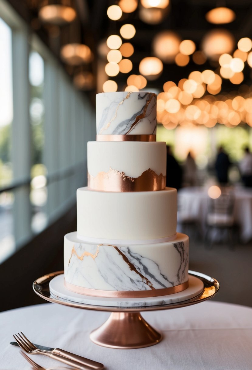 A two-tier wedding cake with a marble effect and rose gold accents