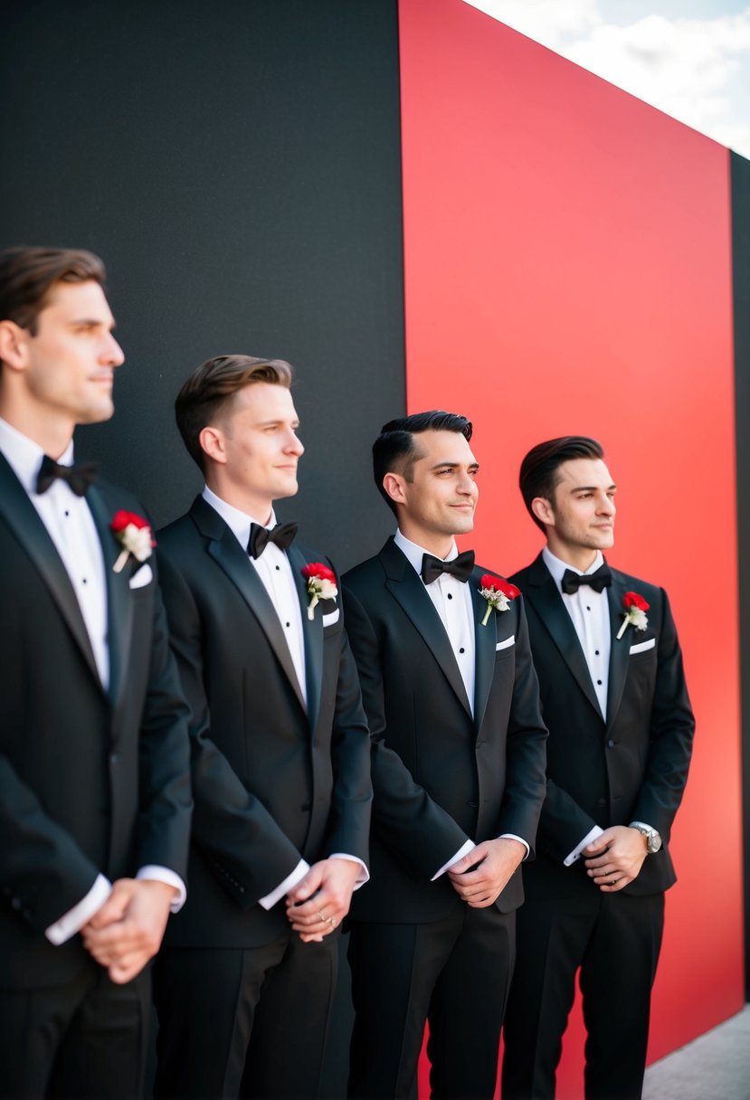 Elegant black tuxedos with red boutonnieres stand against a black and red background, exuding sophistication and style