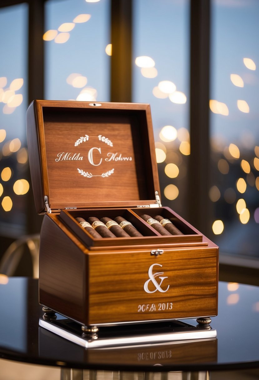 A sleek, wooden cigar humidor sits on a polished table, adorned with the couple's initials and wedding date, surrounded by a soft glow