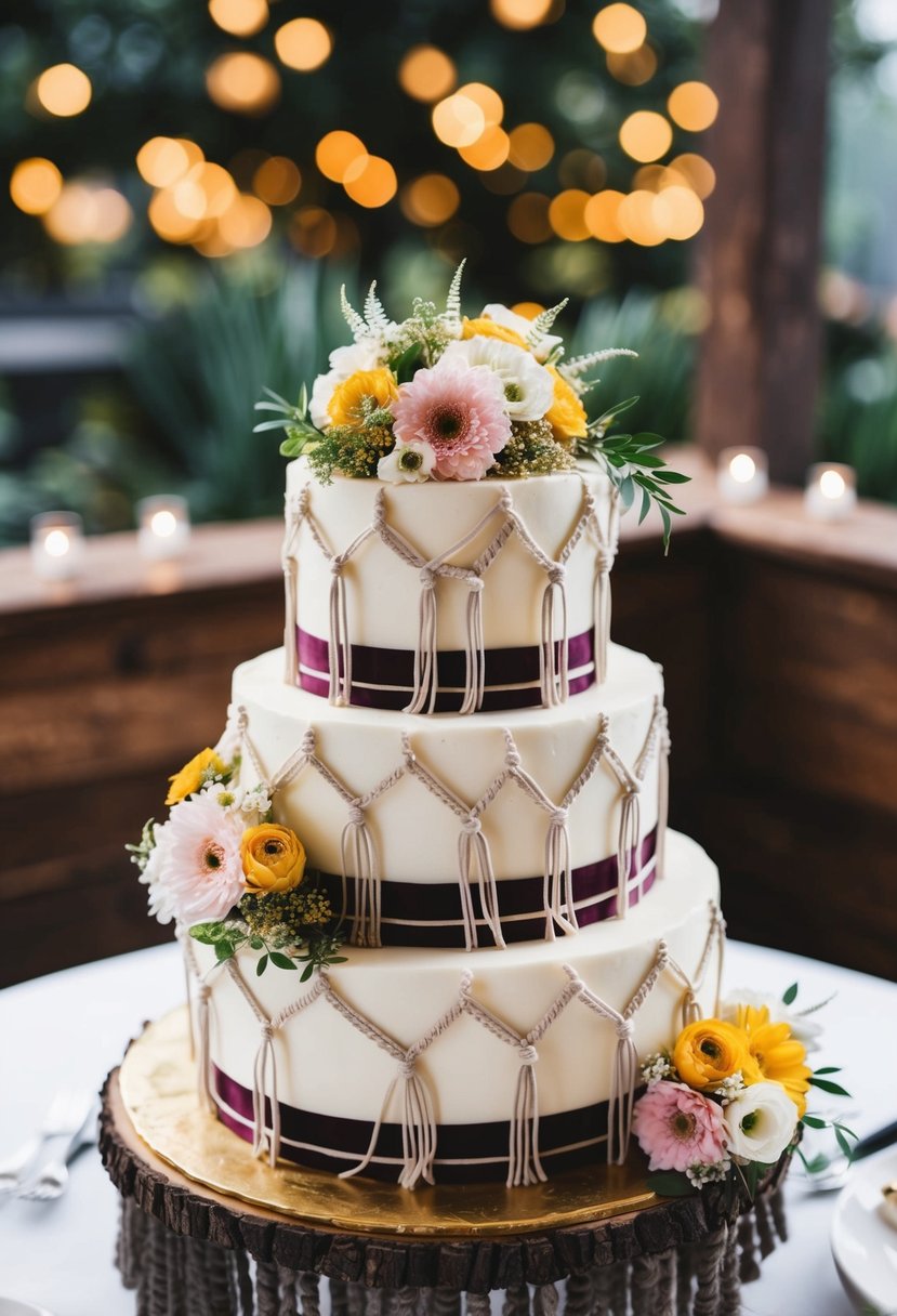 A two-tier bohemian style wedding cake adorned with macrame and fresh flowers