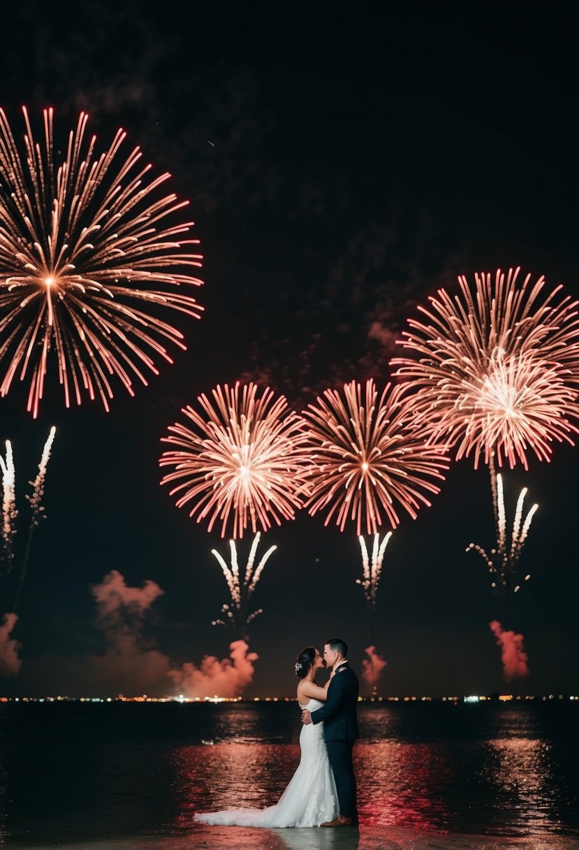 A dark sky illuminated by black and red fireworks, casting a dramatic and romantic ambiance for a black and red wedding celebration