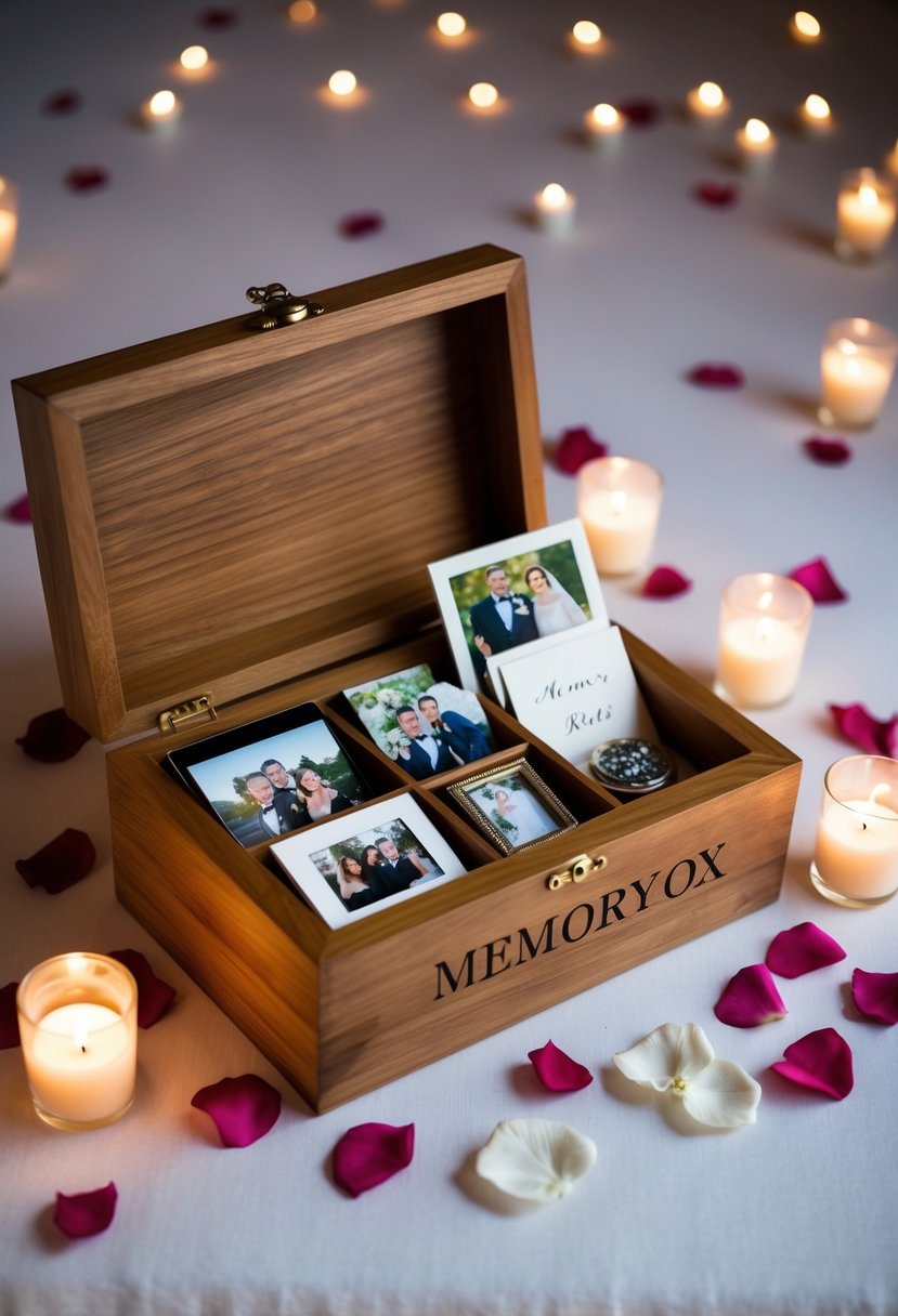 A wooden memory box filled with wedding mementos and photos, surrounded by scattered rose petals and candlelight