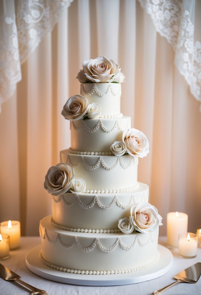 A classic tiered wedding cake adorned with intricate sugar roses, set against a romantic backdrop of soft candlelight and delicate lace accents