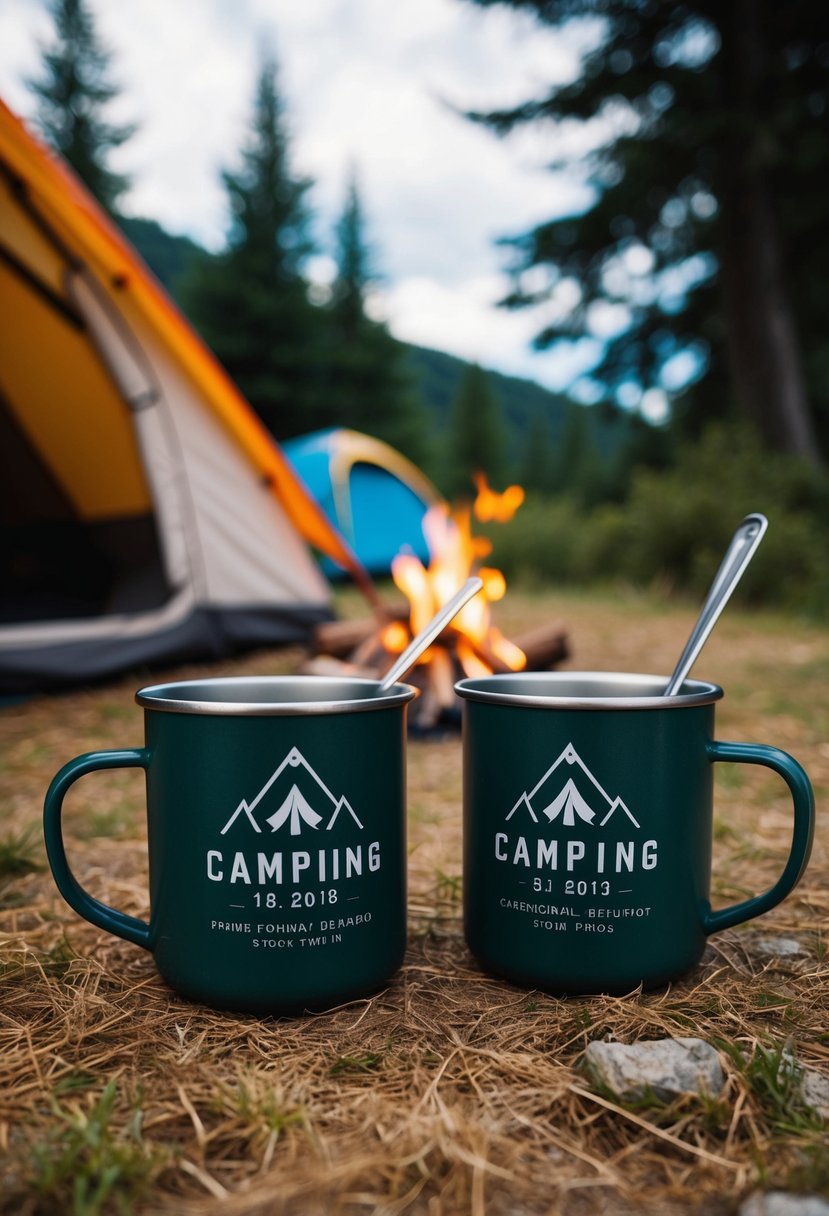 Two camping mugs with wedding motifs, surrounded by a rustic outdoor camping scene with a tent, campfire, and trees in the background