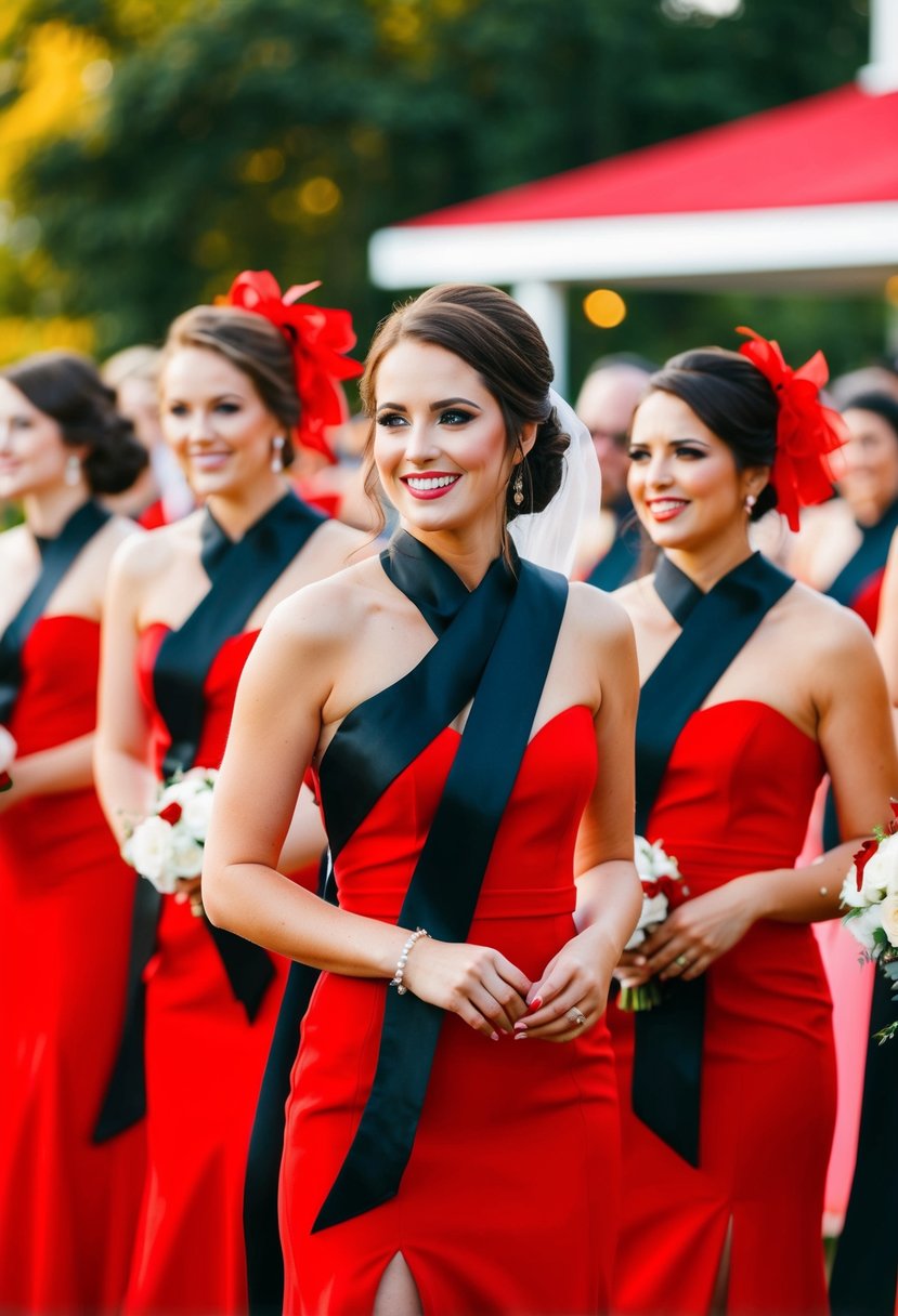 Red bridesmaids in black sashes at a vibrant wedding ceremony