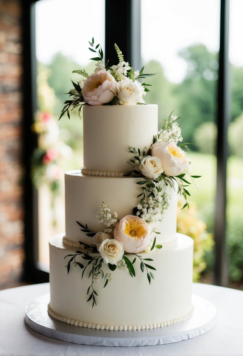 A two-tier wedding cake adorned with cascading romantic floral decorations