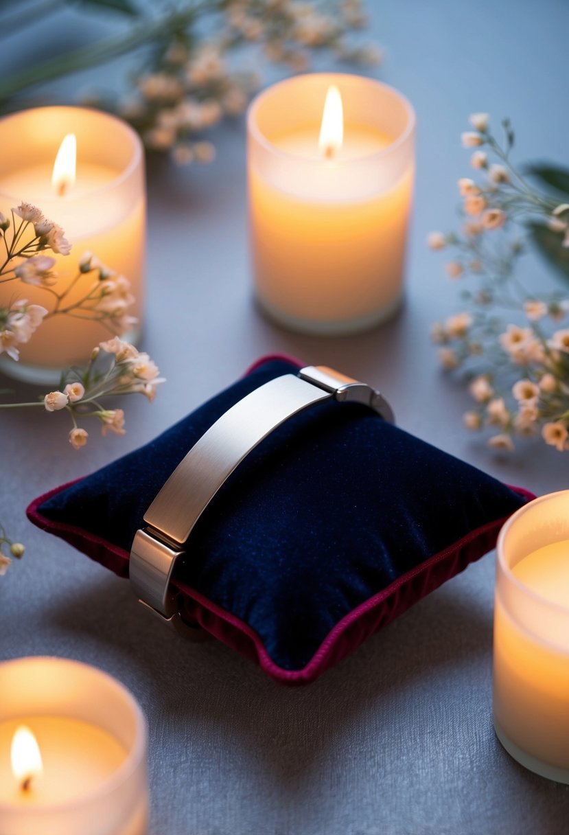 A sleek steel bracelet rests on a velvet cushion, surrounded by soft candlelight and delicate floral arrangements