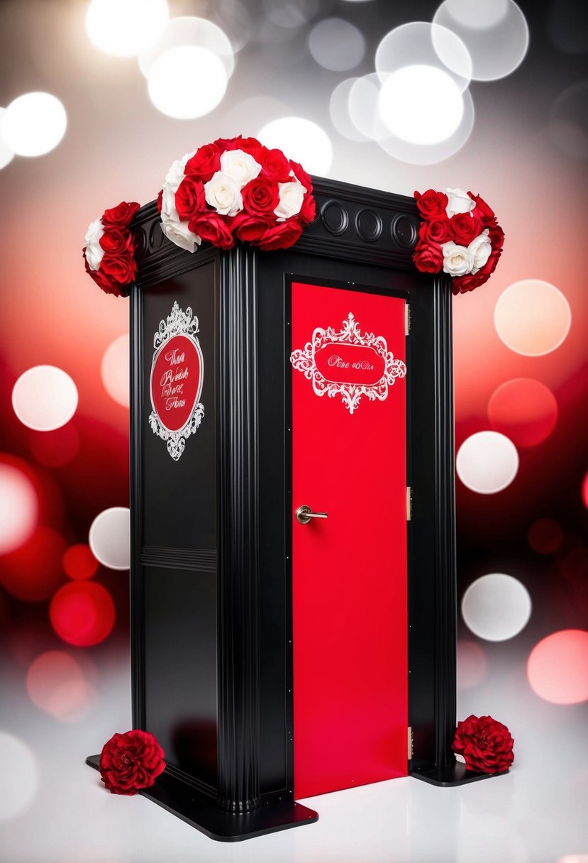 A black and red themed photo booth with elegant wedding props and decor