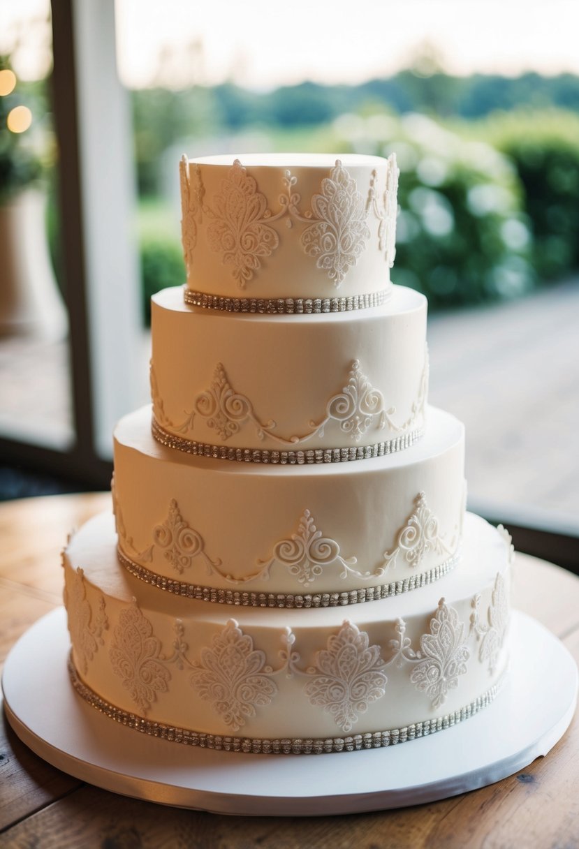 A two-tier wedding cake adorned with intricate lace designs and delicate details