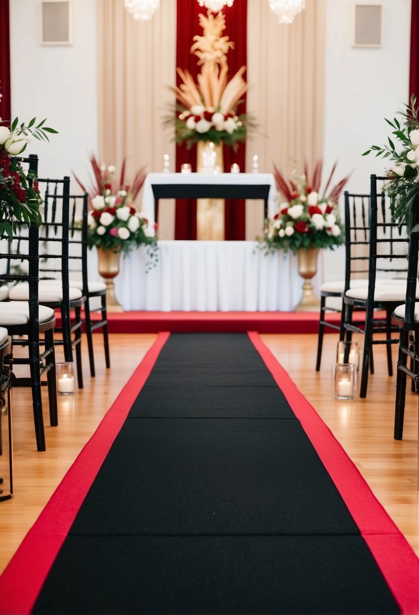 A black and red aisle runner leading to a wedding altar with matching decor and floral arrangements