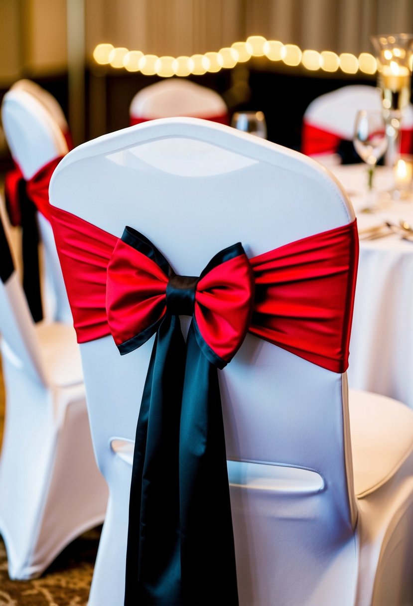 Red and black chair sashes tied in elegant bows on white chair covers at a wedding reception