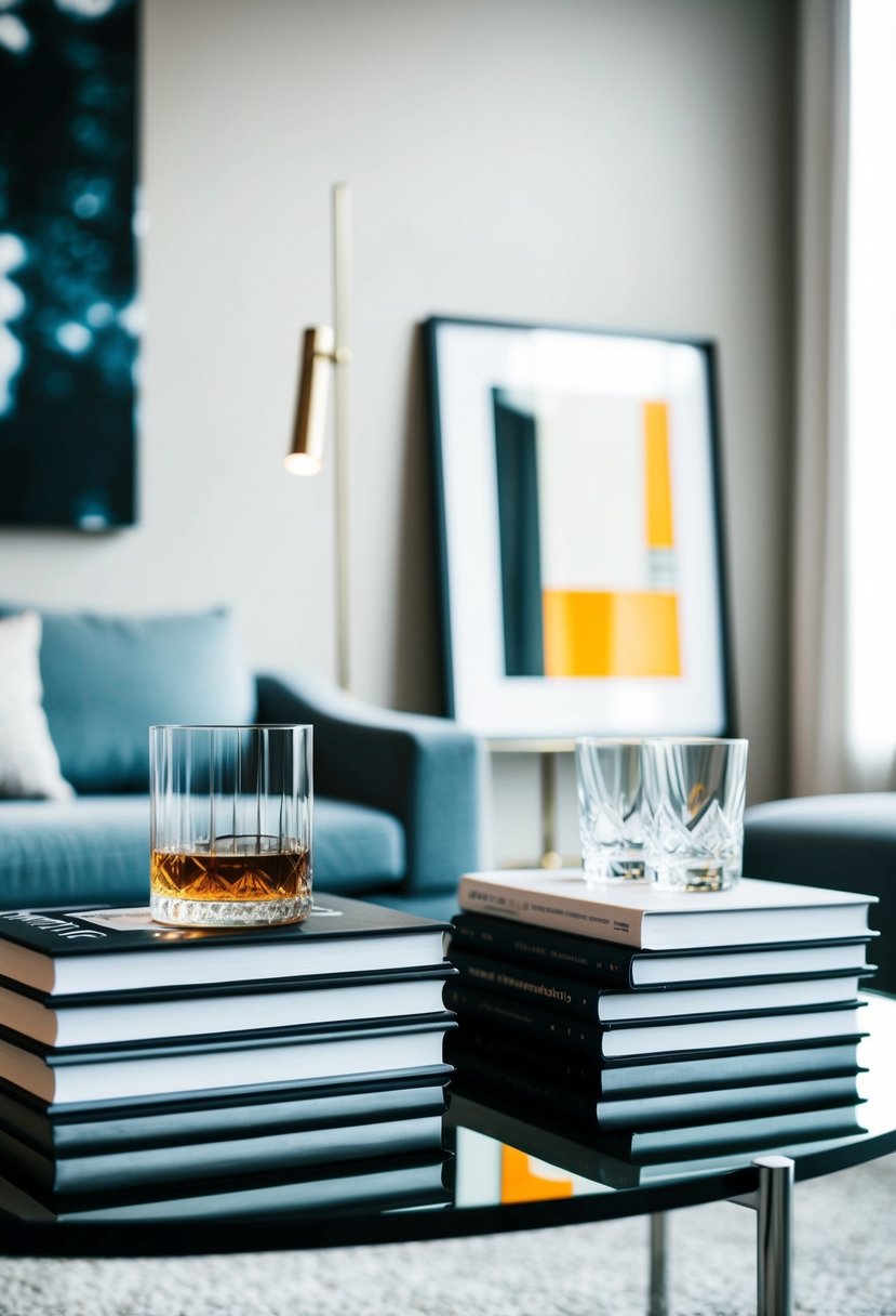 A sleek, modern coffee table with a stack of design books, a set of elegant whiskey glasses, and a framed abstract art piece