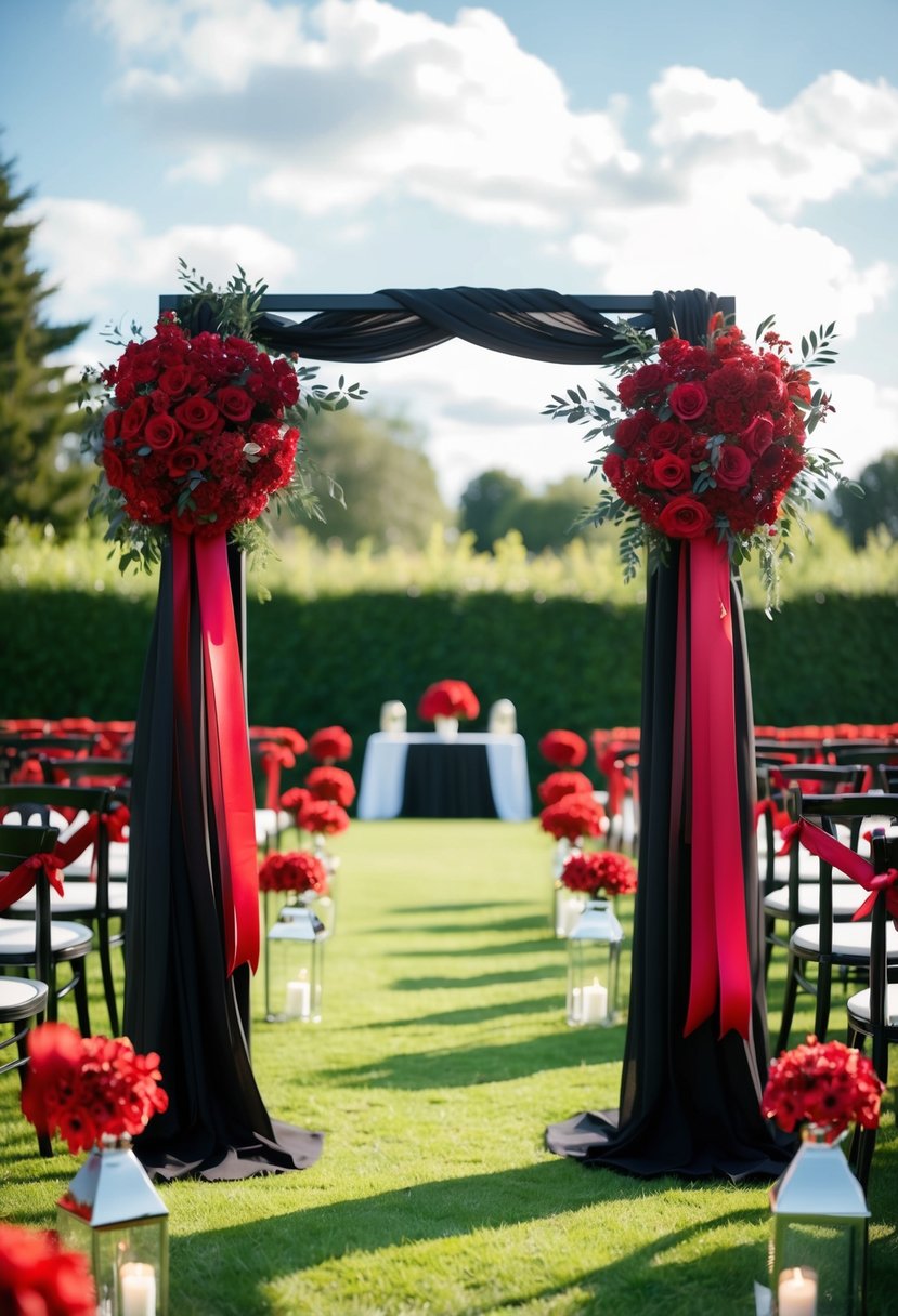 A black and red wedding arch stands in a garden, adorned with deep red flowers and black ribbons, surrounded by matching decor and accents