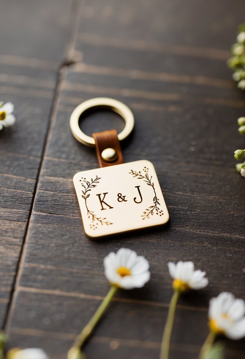 A small, personalized keychain with the initials of the couple's names, surrounded by delicate floral designs, attached to a rustic, leather keyring