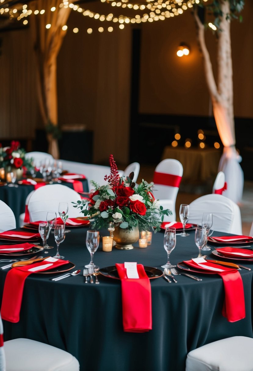 A table set with black and red linens, adorned with matching wedding decor