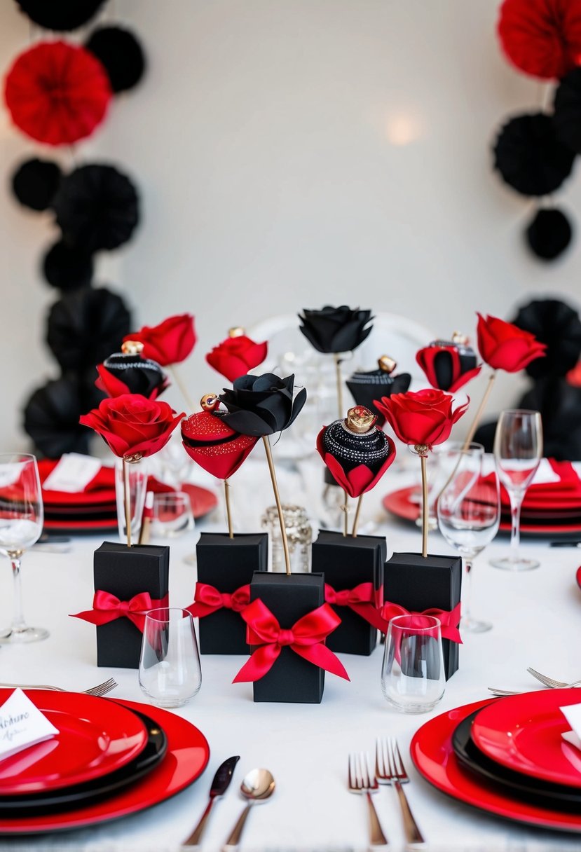 A table adorned with red and black custom wedding favors, surrounded by black and red wedding decor