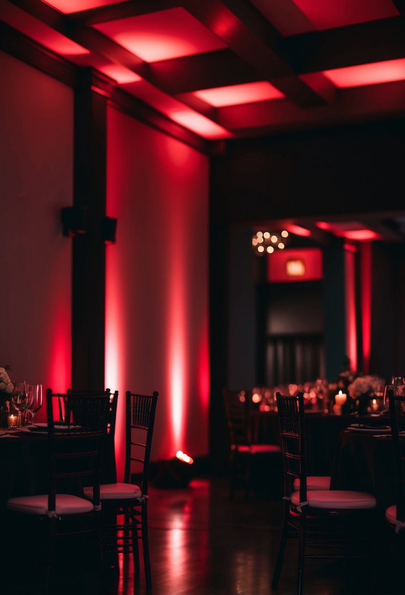 A dimly lit room with black and red accents, casting a moody and dramatic atmosphere for a wedding setting