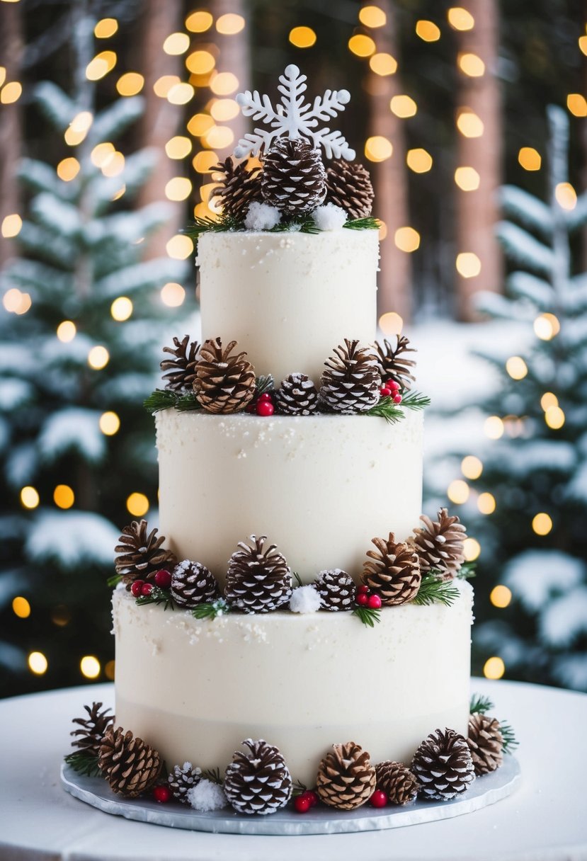 A three-tiered wedding cake adorned with snowflakes, pinecones, and frosted berries, set against a backdrop of snowy trees and twinkling lights