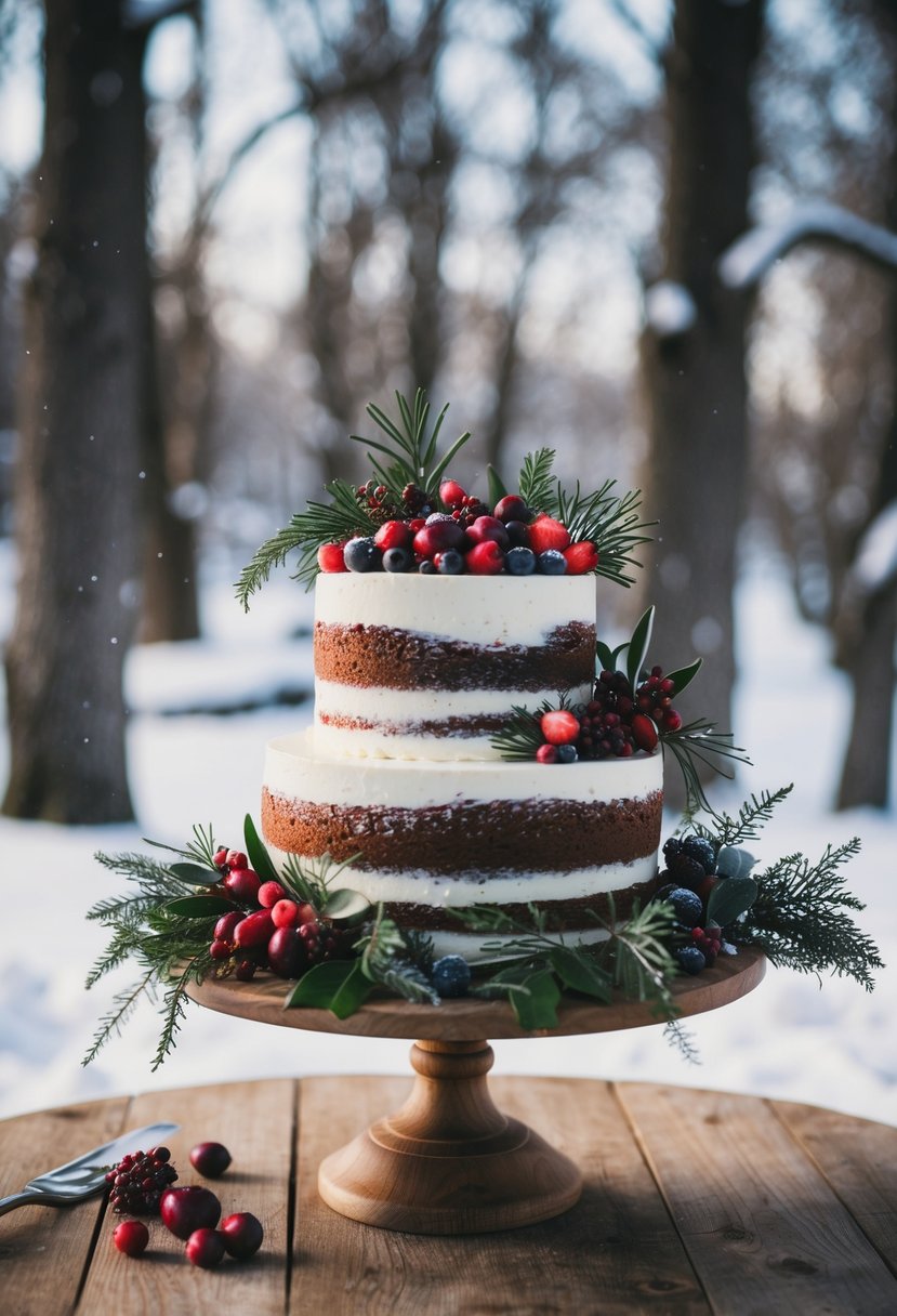 A rustic cranberry and almond wedding cake adorned with winter berries and greenery sits on a wooden table with a snowy backdrop