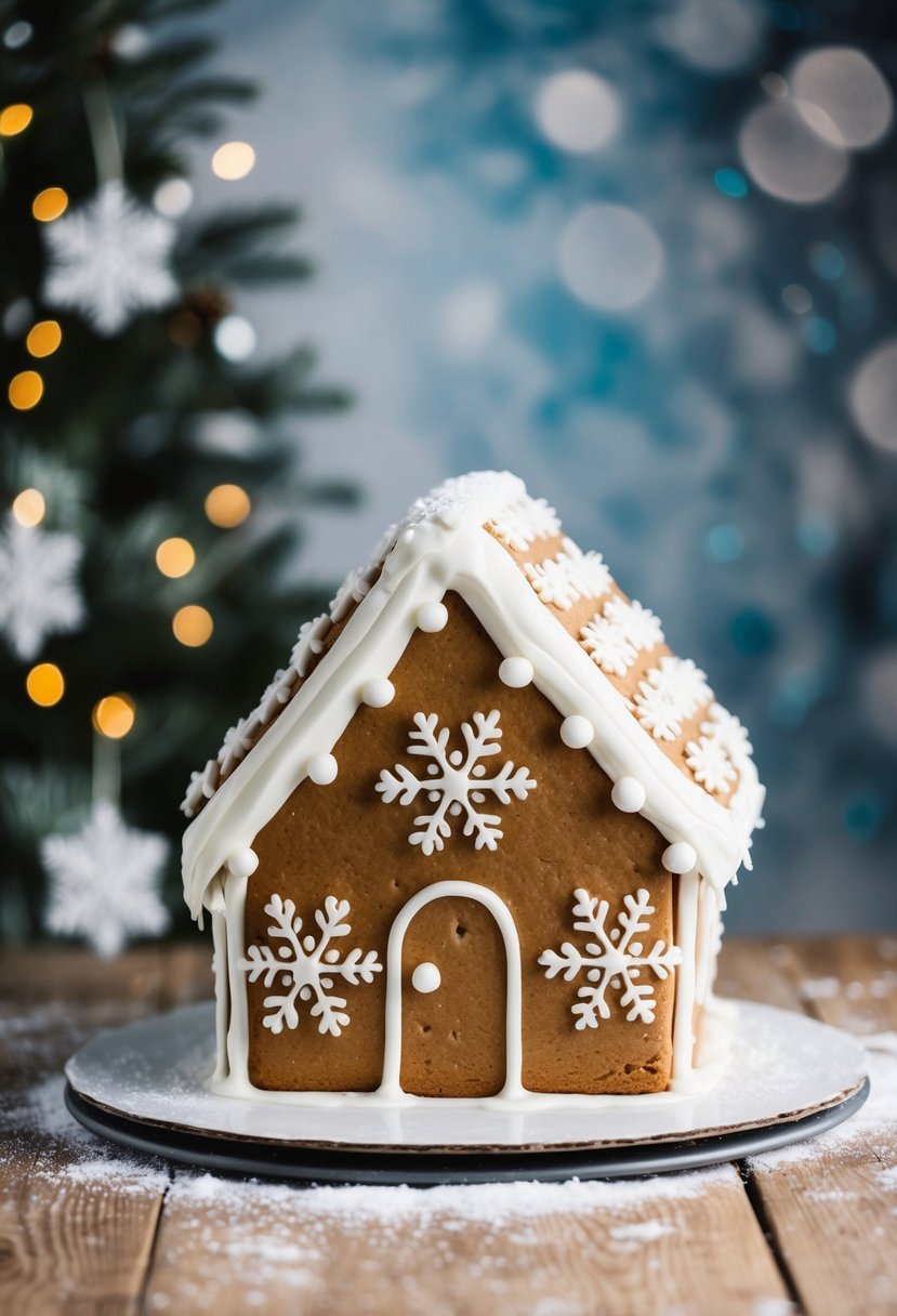 A gingerbread house cake covered in white icing, with snowflake decorations, set against a wintry backdrop