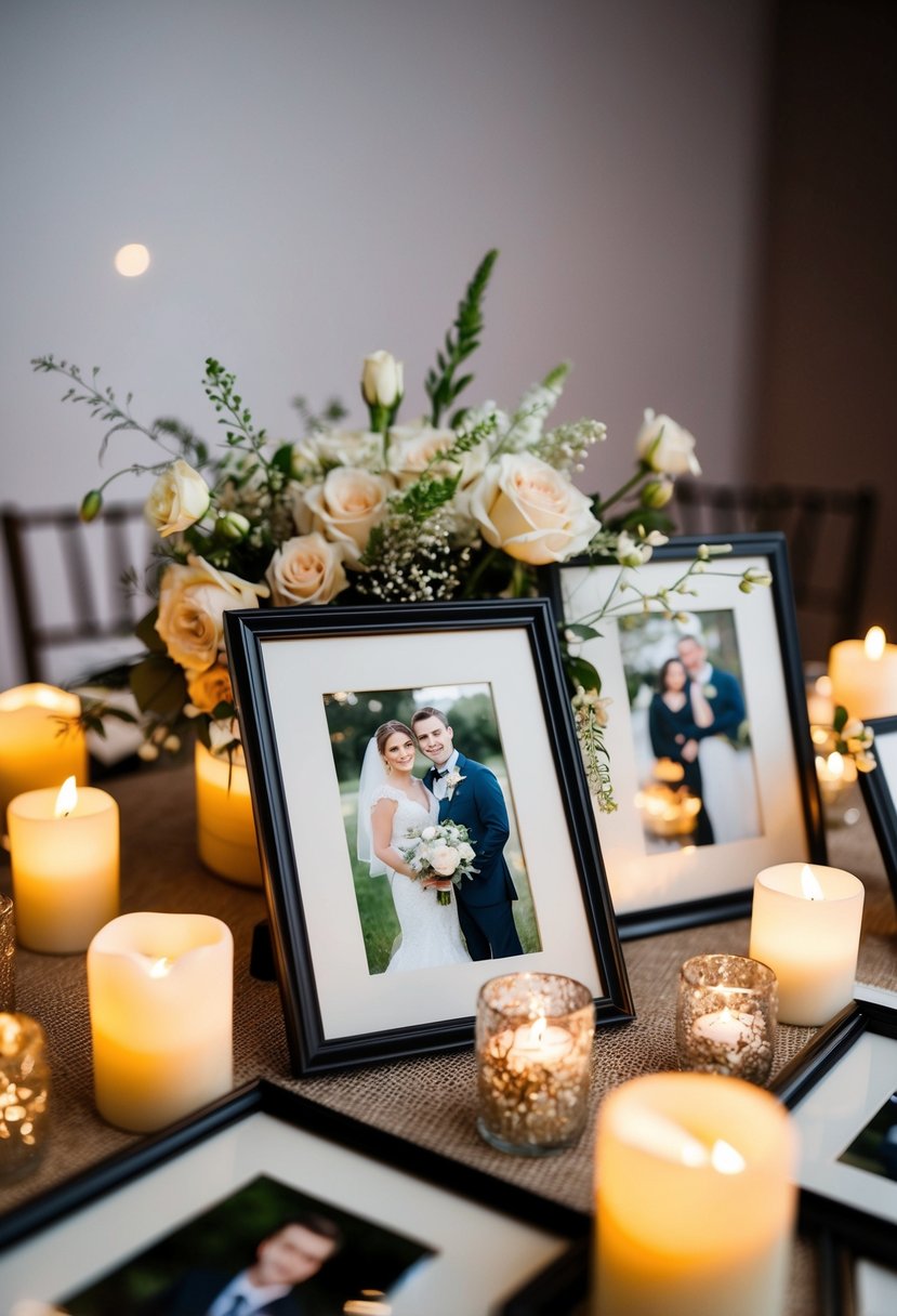 A table adorned with framed wedding photos, surrounded by flickering candles and delicate floral arrangements