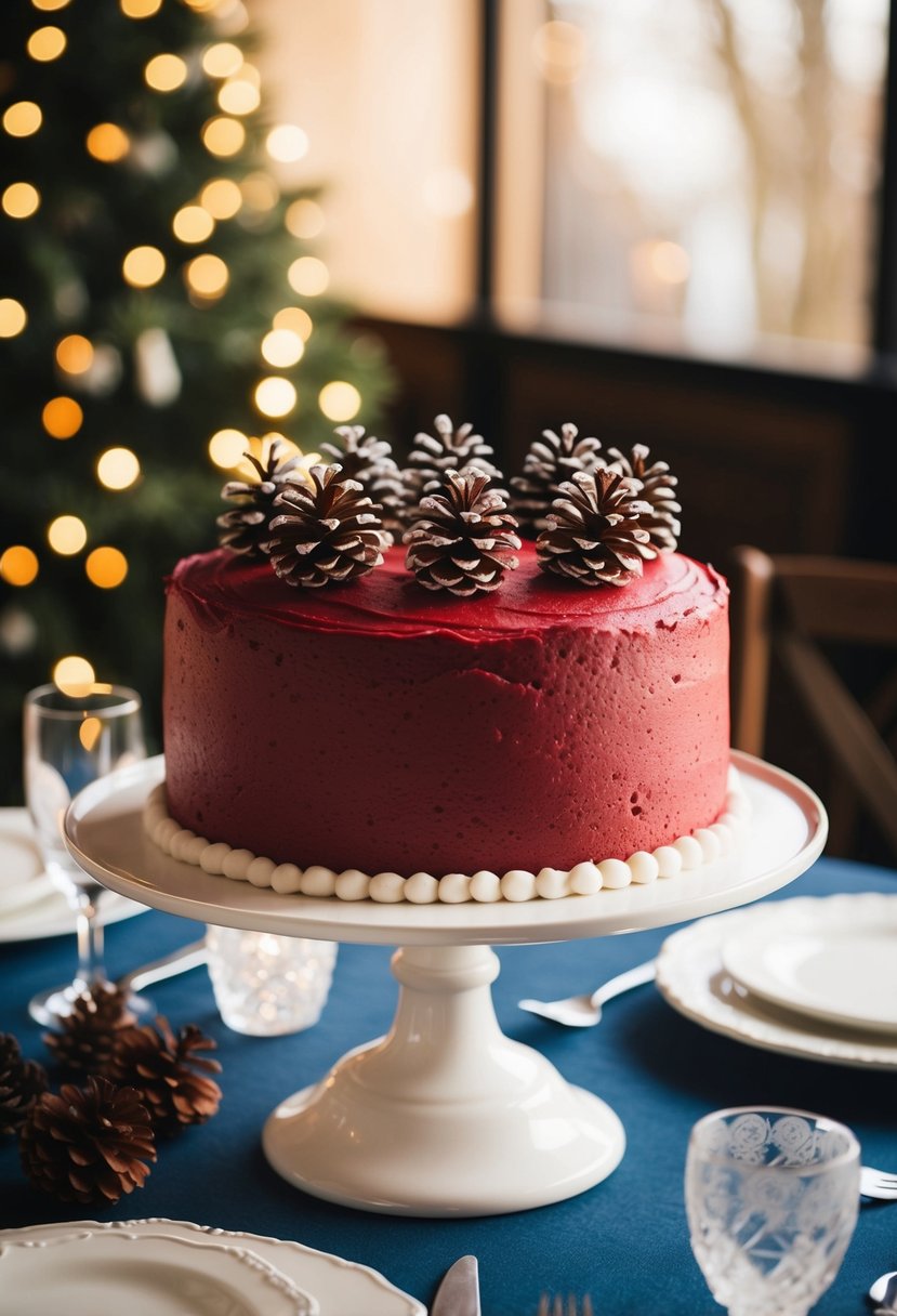 A frosted red velvet cake adorned with pinecone details sits on a winter-themed wedding table