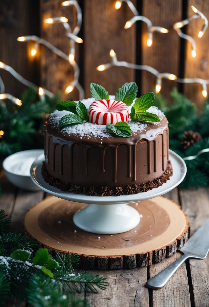 A chocolate peppermint cake adorned with mint leaves sits on a rustic wooden table, surrounded by winter greenery and twinkling fairy lights