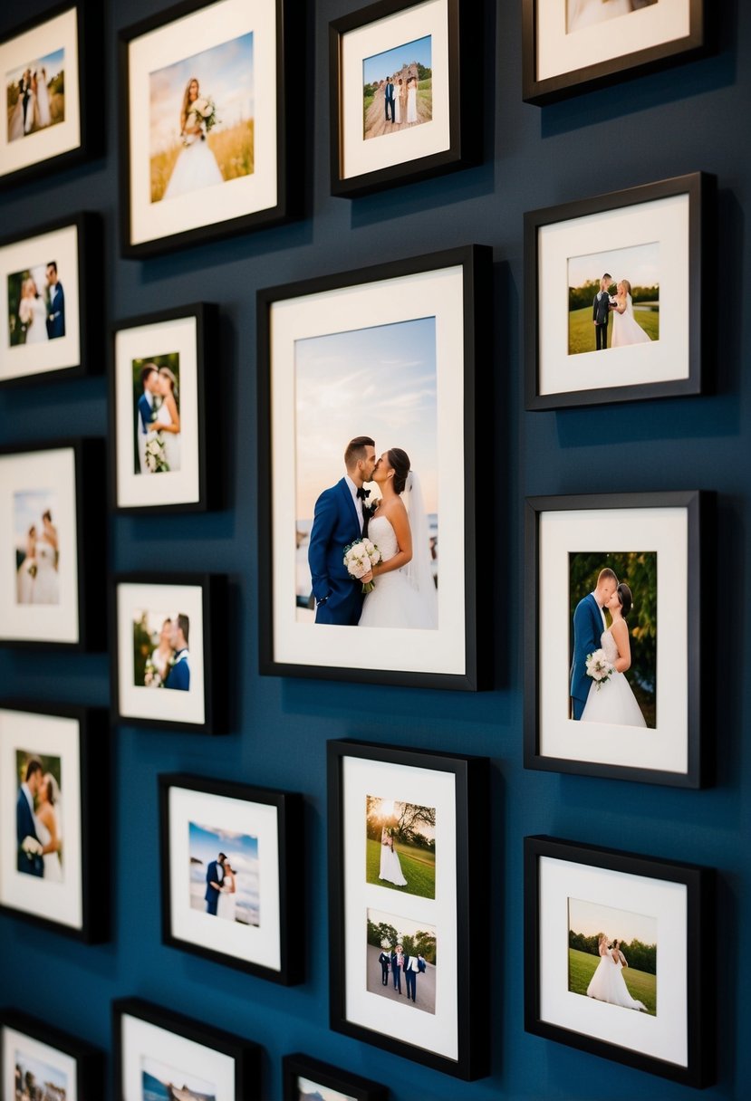 A gallery wall displaying various wedding photos in different frames and sizes, arranged in a visually appealing manner