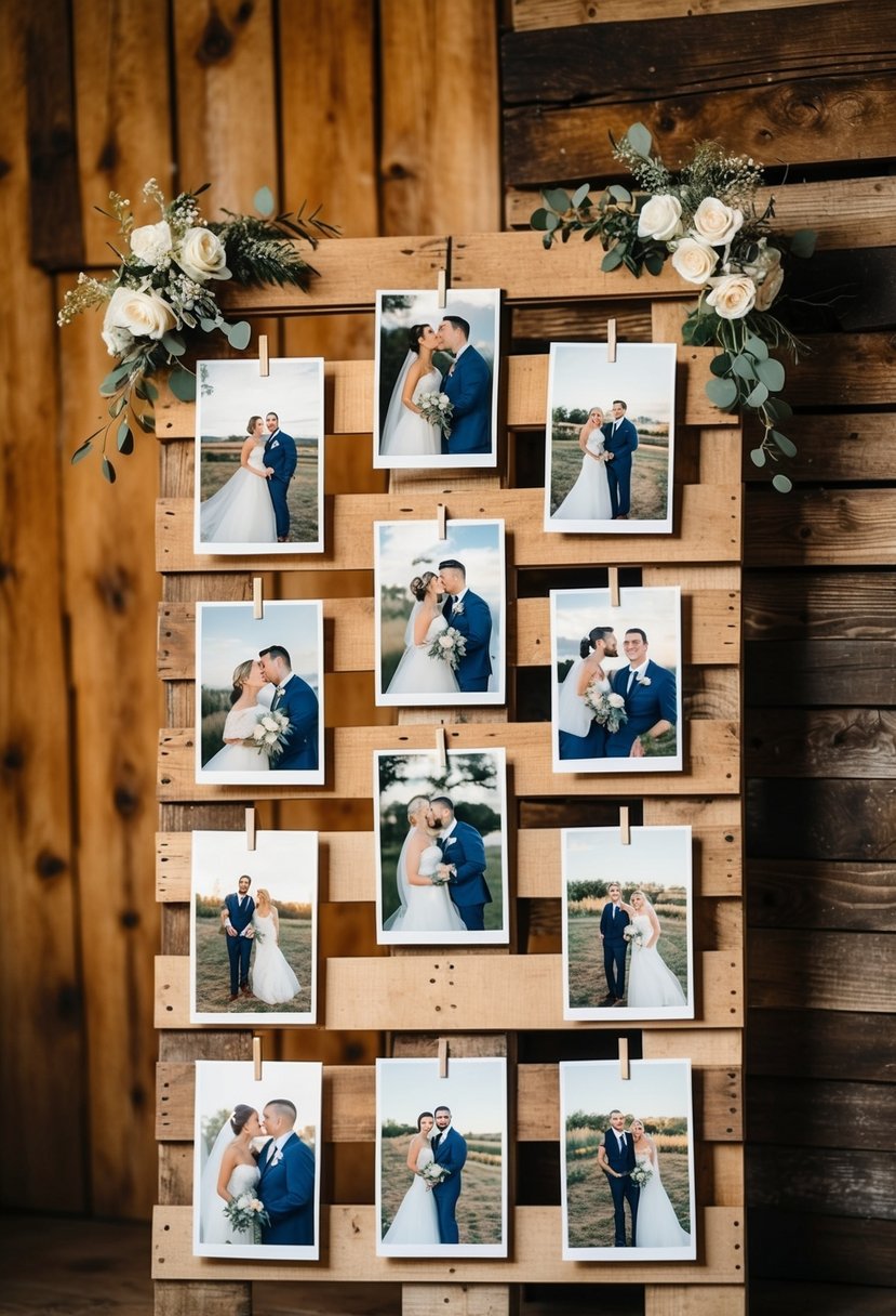 A wooden pallet photo board adorned with wedding photos displayed in a rustic setting