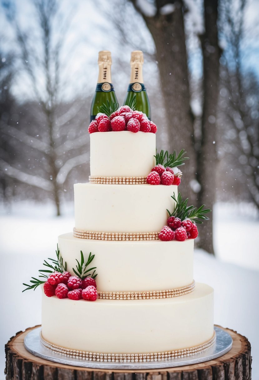 A vanilla wedding cake adorned with raspberry champagne accents, set against a snowy winter backdrop