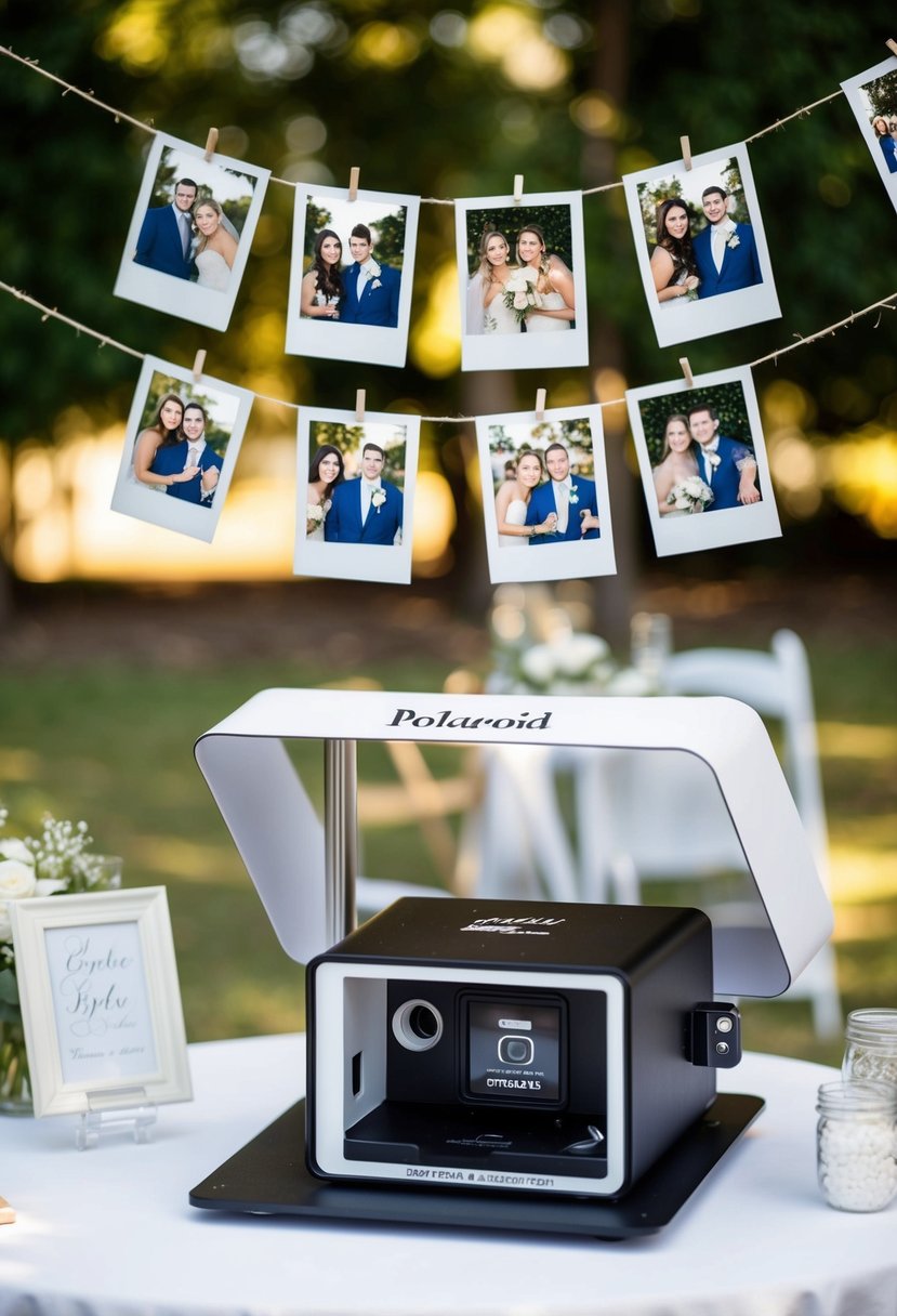 A photo booth station at a wedding, with a display of Polaroid photos hanging on a string