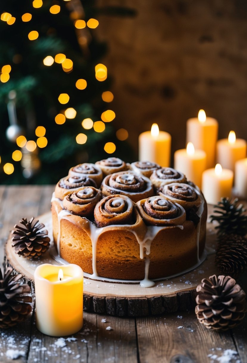 A cinnamon roll cake adorned with winter spices sits on a rustic wooden table, surrounded by pinecones and flickering candles, evoking a cozy winter wedding atmosphere