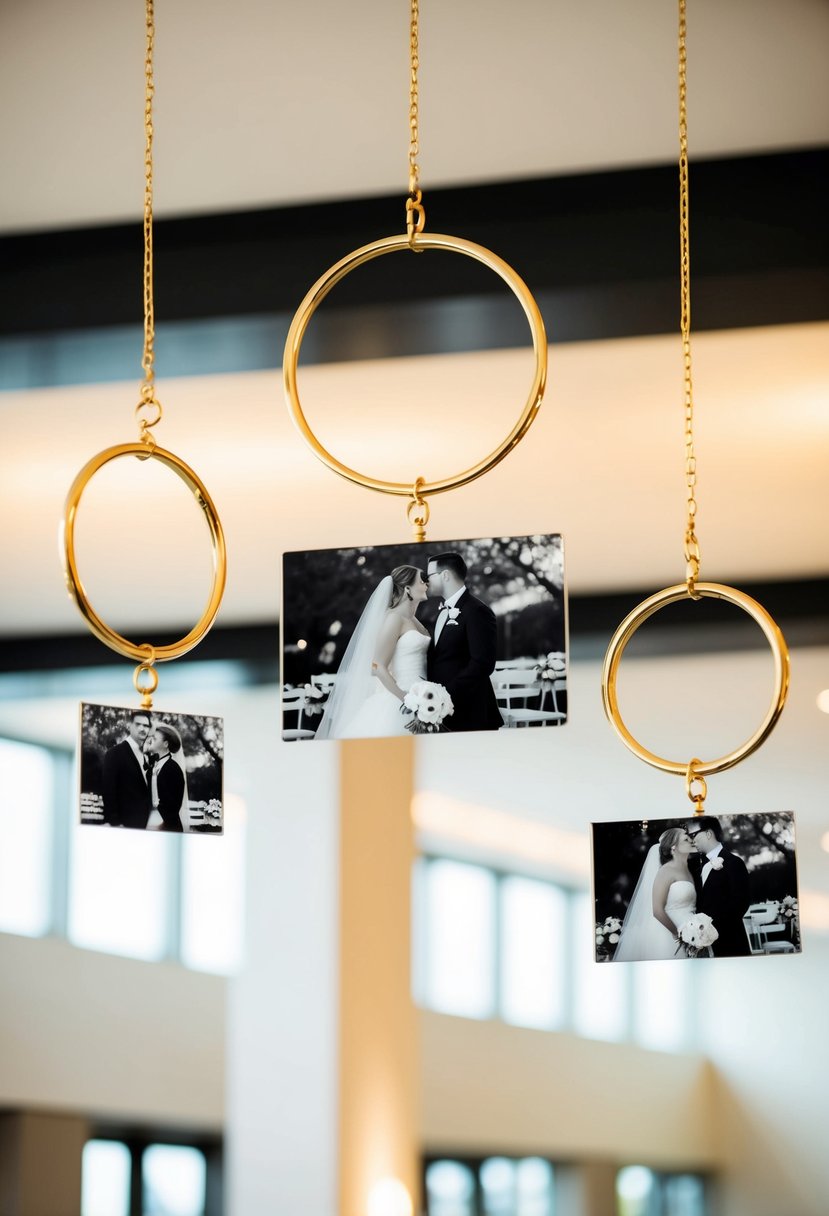 A series of gold hoops of varying sizes hang from the ceiling, displaying wedding photos in black and white