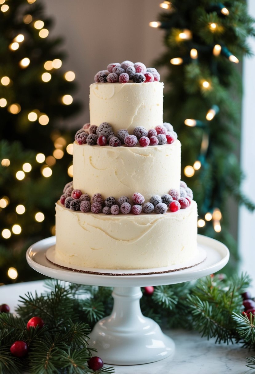 A three-tier buttercream cake adorned with sugared cranberries sits on a white pedestal, surrounded by winter greenery and twinkling lights