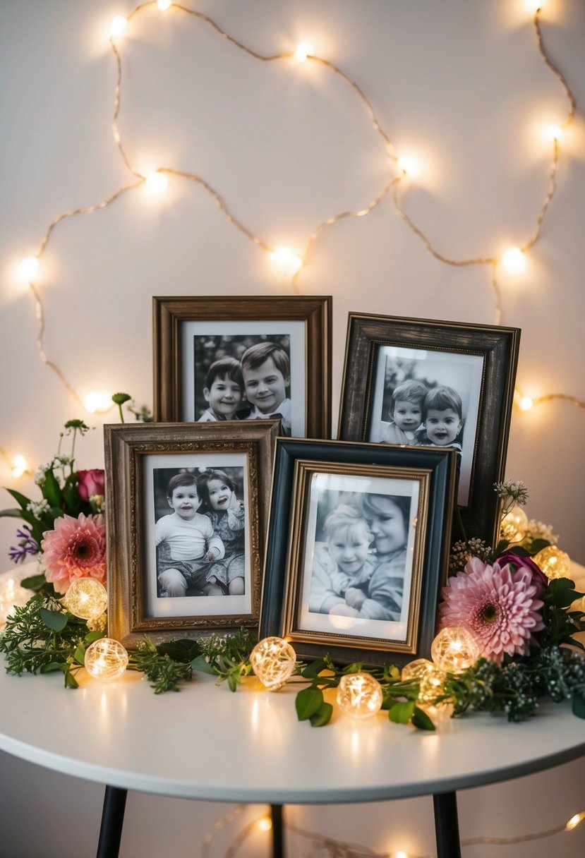 A table with vintage frames holding childhood photos, surrounded by fairy lights and flower arrangements