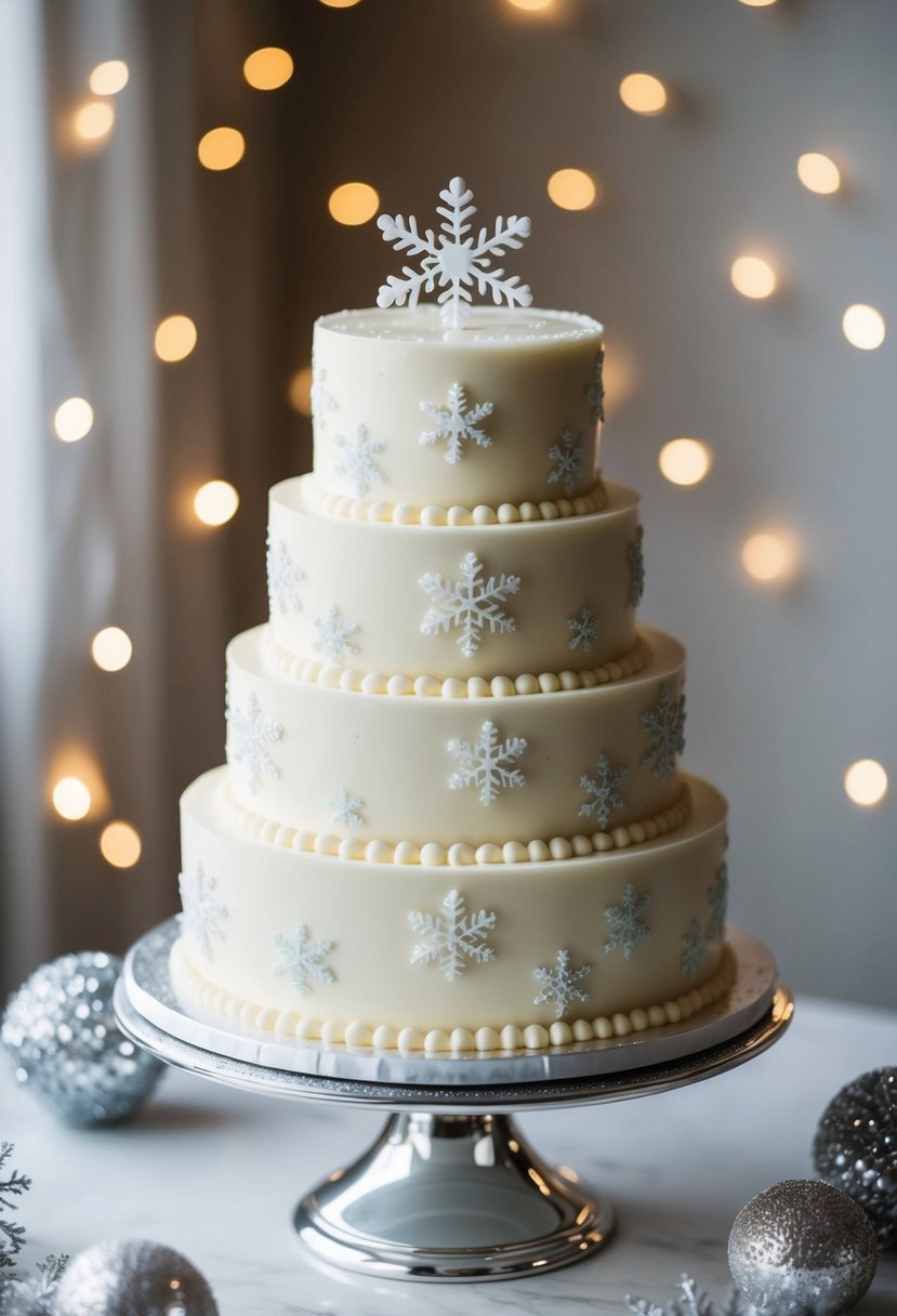 A tiered white chocolate cake adorned with delicate snowflakes sits on a silver cake stand, surrounded by shimmering winter decorations