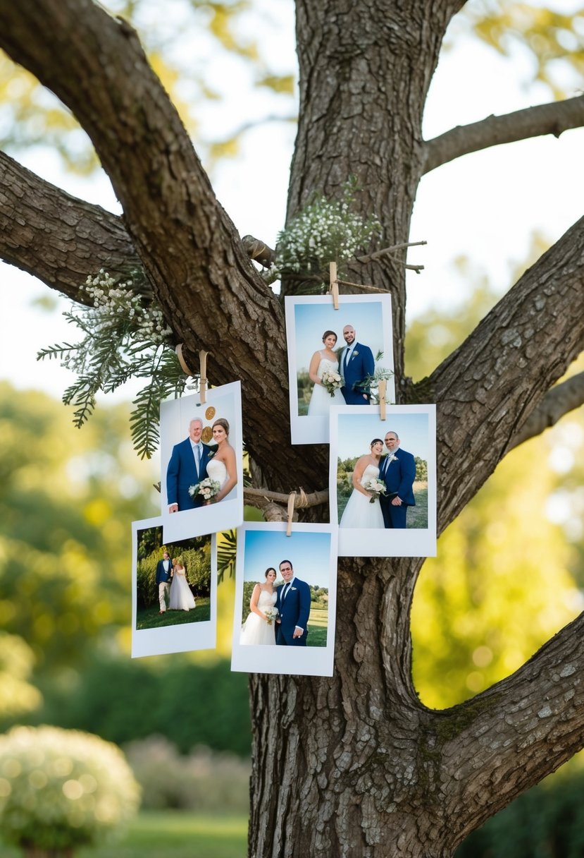 A family tree branch adorned with wedding photos