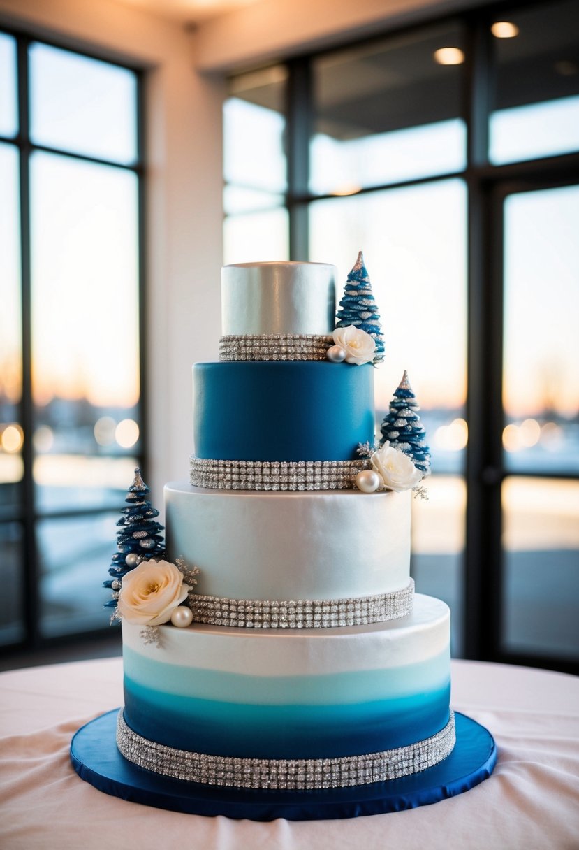 A modern fondant wedding cake with blue and silver hues, adorned with elegant winter-themed decorations