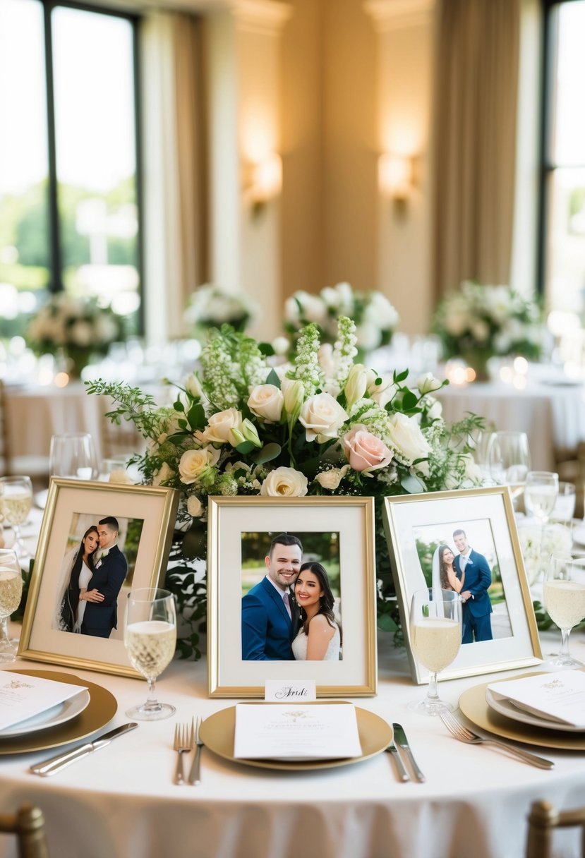 A table adorned with framed engagement and wedding photos, surrounded by elegant floral centerpieces